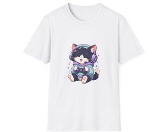Cozy Gamer Cat T-Shirt • Kawaii Cat Headset Gaming Tee, Cute Gamer Gift
