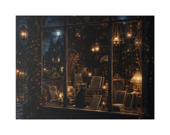 Haunted Bookshop Window Canvas Print | Gothic Book Lover Art