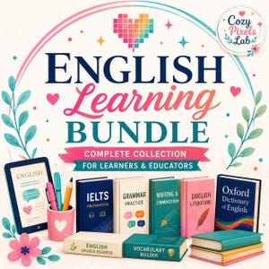Op de afbeelding: Een Engels leerpakket met een digitale tablet, een roze pennenhouder met pennen en verschillende boeken met de titels IELTS Preparation, Grammar Practice, Writing & Communication, English Literature, Oxford Dictionary of English en Vocabulary Builder.