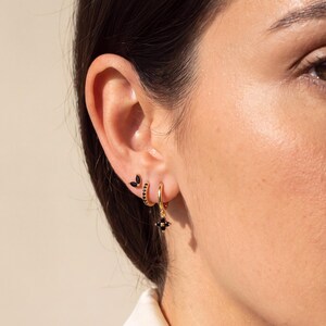 18K Gold Filled Black CZ Earring Set • Black Flower Huggie Hoops • Leaf Stud Earrings • Gold Ear Stack • Dangle Earrings