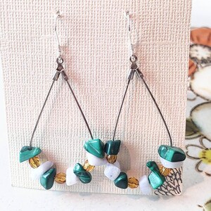 Silver-plated Teardrop Earrings, Adorned with Malachite, Chalcedony, and Vintage Crystal. Sterling Silver Ear Wires.