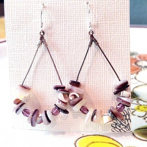 Silver-plated Teardrop Dangle Earrings Adorned with Vintage Crystal, Hammer Oyster and Green Everlasting Shells. Sterling Silver Ear Wires.
