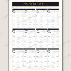 Könnte beinhalten: Eine FIFA Fußball-Weltmeisterschaft 2026 Turnier-Wandtafel mit einer dunkelblauen und goldenen Kopfzeile mit Turnierdetails. Die Tafel ist in zwölf Gruppen von A bis L unterteilt, die jeweils eine Liste von Teams, Spieldaten und Ergebnisfeldern enthalten.