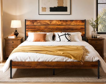 Rustic Wood & Metal Platform Bed Frame | Industrial Farmhouse Queen Bed | Heavy Duty Mattress Foundation | No Box Spring