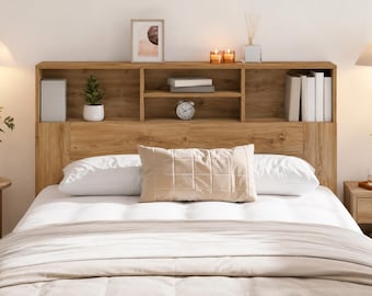 Wood Headboard with Storage Shelf | Modern Oak Bed Headboard | Rustic Platform Bed Backboard | Minimalist Bedroom Furniture