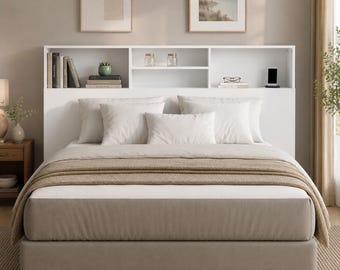 Modern White Bookcase Headboard | Queen Bed Headboard with Storage Shelves | Minimalist Bedroom Furniture | Space Saving Decor