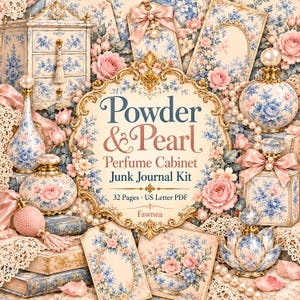 May include: A digital junk journal kit titled Powder & Pearl Perfume Cabinet featuring 32 pages in US Letter PDF format. The design includes floral patterns, perfume bottles, vintage cabinets, tags, and pearls in soft pink and blue tones.