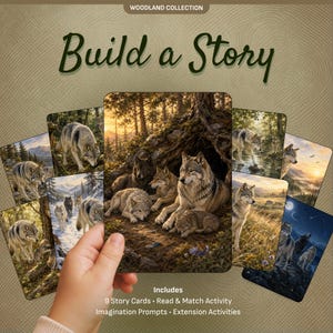 May include: A Build a Story Woodland Collection set featuring nine rectangular cards with wolf illustrations. The cards display various forest scenes, including wolves in snowy landscapes, meadows, and night settings, with text detailing story prompts.