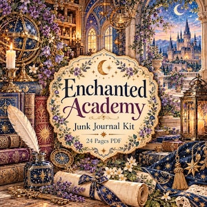 May include: A digital junk journal kit titled Enchanted Academy with 24 PDF pages. The image features a central ornate label, a quill in an inkwell, a rolled parchment, a compass, a lantern, and a celestial globe amidst floral decor.