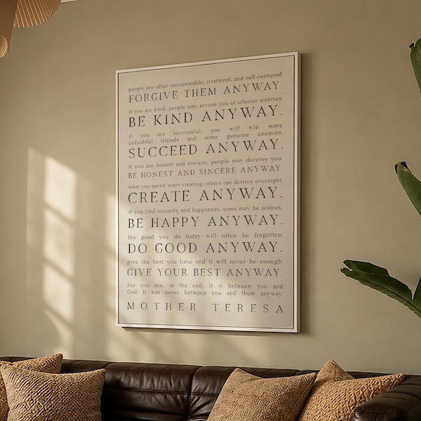 Mother Teresa Paradoxical Commandments Quote, Wall Art in Poster, Canvas or Framed Print Options, Minimalist Charcoal Typography Decor