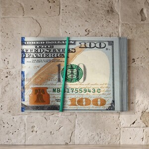 United States One Hundred Dollar Bill Stack Wall Art Print - Macro Photo of Green Rubber Band, Copper Ink Details, Treasury Seal, Statement