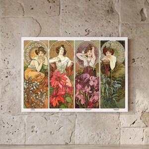 May include: A rectangular wall art print featuring four vertical panels depicting women surrounded by floral motifs and circular backgrounds. The panels are labeled Topaz, Ruby, Amethyst, and Emerald, showcasing distinct color palettes of orange, red, purple, and green.