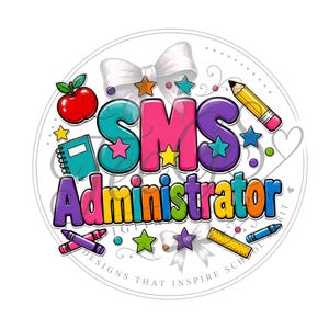 Może przedstawiać: Kolorowy projekt graficzny z napisem SMS Administrator pogrubionymi, wielokolorowymi literami bąbelkowymi. Projekt zawiera ilustracje czerwonego jabłka, żółtego ołówka, niebieskiego notatnika, kredek, linijki oraz białych kokardek.