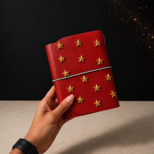 Handmade Gold Stars & Bright Red Traveler's Notebook Cover A6 with Inserts (Free Gifts Included)