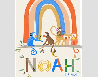 Rainbow with Monkeys Personalised Name Print