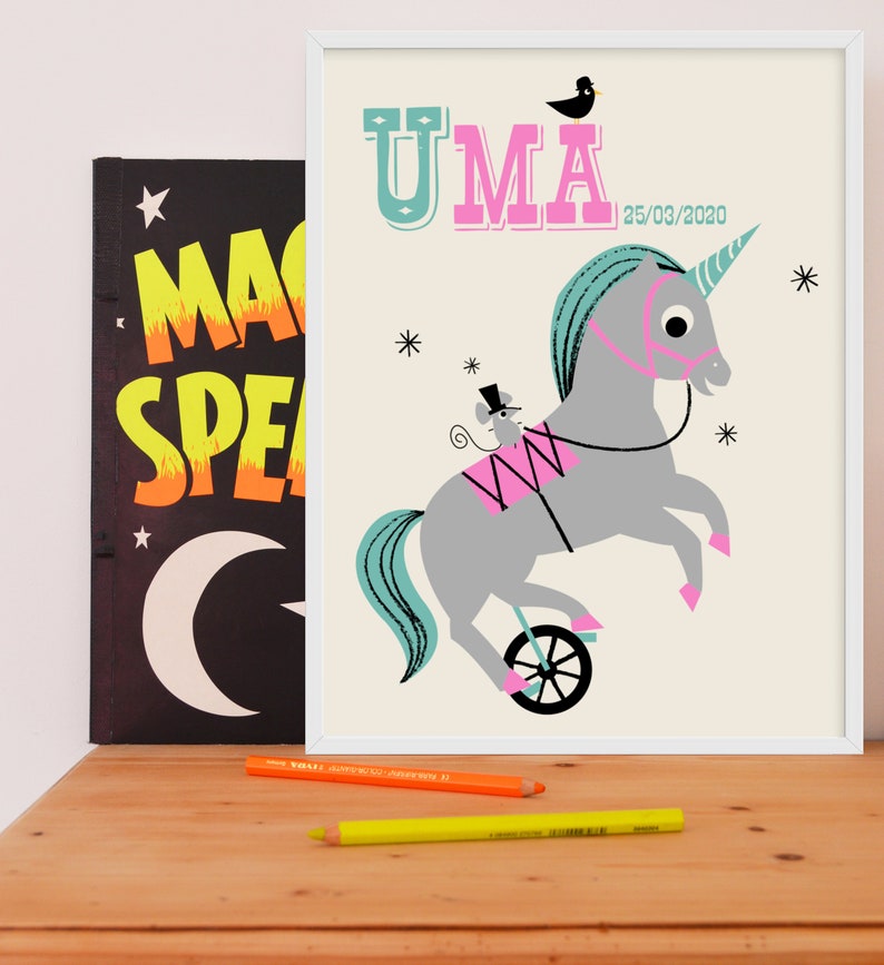 Personalised Unicycling Unicorn Nursery Name Print New Baby Etsy