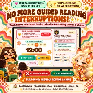 Può includere: Un'interfaccia per lavagna digitale intitolata NO MORE GUIDED READING INTERRUPTIONS! con un timer impostato su 12:00, controlli di stazione e strumenti di gestione dei gruppi. Il display include testo per la lettura guidata e la fonetica.
