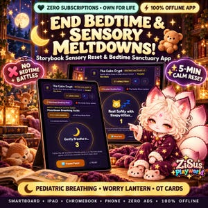 Könnte beinhalten: Ein digitales Tablet mit der App Storybook Sensory Reset & Bedtime Sanctuary, die einen Atemtrainer, eine Mondanimation und eine Fuchsfigur im violetten Schlafanzug zeigt. Der Text lautet End Bedtime & Sensory Meltdowns.