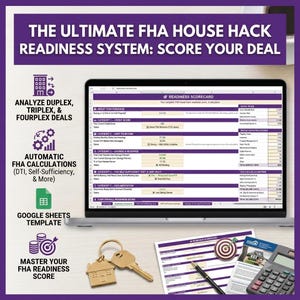 May include: A digital spreadsheet titled THE ULTIMATE FHA HOUSE HACK READINESS SYSTEM: SCORE YOUR DEAL displayed on a laptop screen, accompanied by a house-shaped keychain, a printed scorecard, a pen, and a calculator on a flat surface.