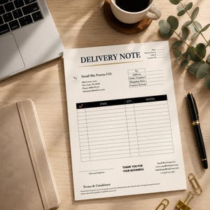 May include: A white delivery note form with black text and lines, featuring the header DELIVERY NOTE, a table with columns for Item, Qty, and Notes, and a section for Terms & Conditions. The form includes the company name Small Biz Forms CO.