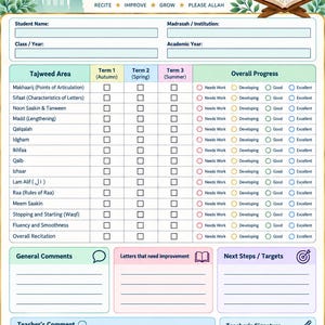 May include: A Tajweed Progress Report document featuring a teal and gold border with lanterns and an open book. It includes fields for student details, a grid for tracking recitation skills across three terms, and sections for comments and teacher feedback.