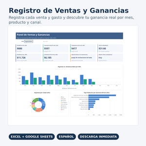 May include: A digital sales and profit tracker dashboard titled Registro de Ventas y Ganancias. It displays financial metrics, a bar chart comparing monthly income versus net profit, a pie chart of sales by channel, and a horizontal bar chart of top products.