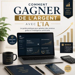 以下が含まれることがあります： COMMENT GAGNER DE L'ARGENT AVEC L'IAというタイトルのデジタルガイド。AIダッシュボードを表示したノートパソコン、FOCUS STRATÉGIE RÉSULTATSと書かれた黒いマグカップ、ノート、スマートフォン、電卓がデスクの上に置かれています。
