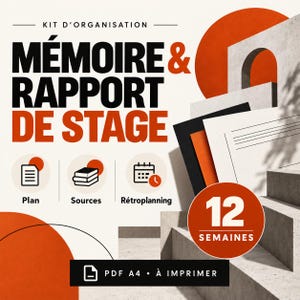 May include: An organizational kit for internship reports featuring the text "MÉMOIRE & RAPPORT DE STAGE" and "12 SEMAINES". The design includes icons for a plan, sources, and a schedule, with a PDF A4 printable format indicated.