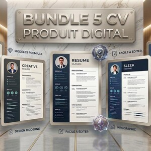 Peut inclure: Un ensemble de produits numériques comprenant cinq modèles de CV et de curriculum vitae distincts affichés sur des panneaux verticaux. Chaque modèle inclut une photo de profil, un résumé professionnel, des compétences et des sections d'expérience.