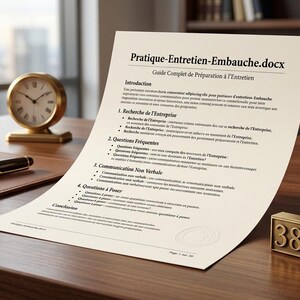May include: A printed document titled Pratique-Entretien-Embauche.docx, Guide Complet de Préparation à l'Entretien, featuring sections on company research, common questions, and non-verbal communication, alongside a brass stamp marked 38.75.
