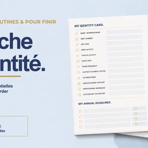 Può includere: Un modello di scheda di identità aziendale stampato su carta bianca con testo blu scuro. Il documento presenta sezioni per il nome dell'azienda, codici fiscali e scadenze annuali, accompagnato da testo in francese tra cui Ma fiche d'identité.