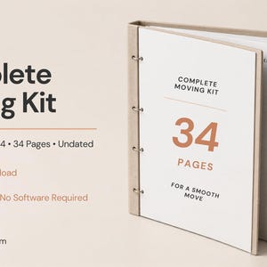 May include: A ring-bound binder with a tan cover containing white pages. The cover text reads Complete Moving Kit, 34 Pages, and For A Smooth Move. The text also notes Printable Binder, A4, 34 Pages, Undated, Instant Download, and Fill by Hand.