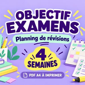Pode incluir: Um gráfico de planejador de estudos com o texto OBJECTIF EXAMENS, Planning de révisions, 4 SEMAINES e PDF A4 À IMPRIMER. Inclui uma pilha de livros, um porta-lápis, um calendário e uma lista de verificação em um fundo roxo.
