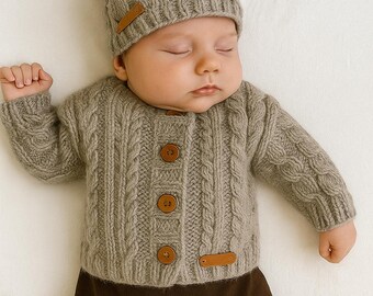 Cable Knit Wool Baby Sweater Outfit, Newborn Hat Set, Brown