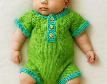Handmade Knit Baby Romper, Agua Green, Photo Prop Outfit