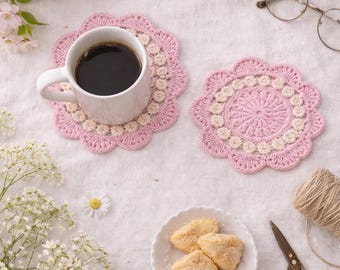 Handmade Crochet Flower Coasters,Set of 2,Cotton Floral Mug Rugs,Pink and Cream Scalloped Drink Coasters,Spring Table Decor,Mother day gift