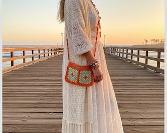 Small Boho shoulder bag,Mother’s Day gift,bag with liner,cotton bag,crochet bag,orange,blue, ,Casual Bag,granny square bag,gift for mom