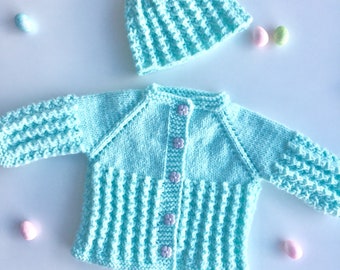 Knit Baby Sweater Hat Set,Mint Green Layette,Newborn Coming Home Outfit,baby outfit,0-3 months,baby shower gift,new mom gift