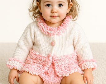 Hand Knit Girl's Jacket, Pink and White, Christmas Outfit, 2 Years