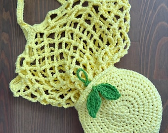 Handmade Crochet Lemon Net Bag, Foldable Farmers Market Bag,Eco-Friendly Reusable Produce Bag,Sustainable Shopping Gift,Mother day gift,mesh