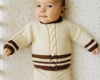 Wool Baby Sweater, Cream Cable Knit, Brown Stripe, 6 Months
