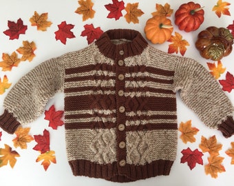 Boy wool sweater jacket,Easter outfit,gift,5T,winter coat,kids clothing,photo prop,winter outwear,brown,cream,cable knit,toddler boy clothes