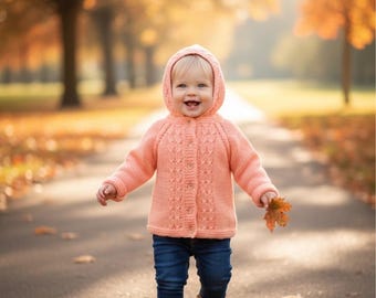 Hand Knit Reversible Baby Hoodie, Peach Cream Cardigan, 12 Months