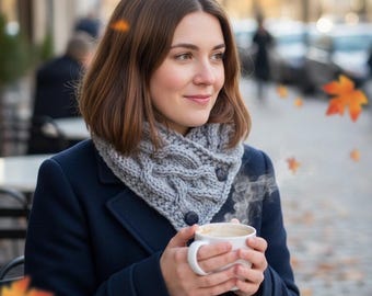 Woman cowl,Mother’s Day gift,wool scarf,winter accessories,cowl,neck warmer,grey,gift for mom,anniversary gift,gift for her,cable knit,scarf
