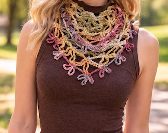 Hand-Crochet Boho Cotton Triangle Scarf –Summer fashion-Earthy Variegated Lace Shawlette – Lightweight Autumn Neckwarmer – Unique Gift