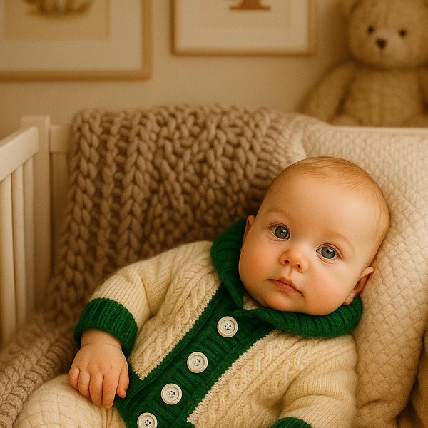 Hand Knit Wool Cable Knit Baby Sweater, Shawl Collar, Christmas Outfit (0-3 Months)