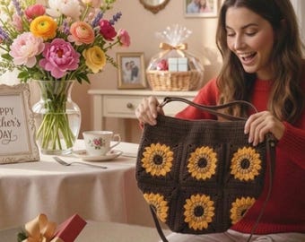 Crochet bag,sunflower bag,shoulder bag,flower bag,gift for mom,granny square bag,bag with liner,zipper bag,gift for your wife,boho style bag