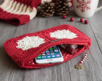 Red crochet bag with snowflake design,Mother’s Day gift,cotton granny square bag,zipper bag with cotton liner,red and white,gift for her