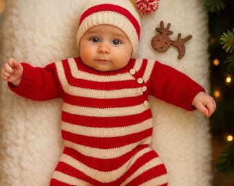 Knit Merino Wool Baby Christmas Outfit, Red Stripe Romper, Hat, 0-3 Months