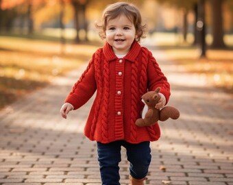 Red Cable Knit Baby Jacket,Valentine outfit,Bamboo Yarn, Winter Outfit,
